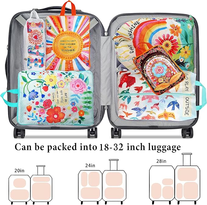 Compression Packing Cubes for Travel, 6 Set Natural Life Luggage Organizers, Lightweight Waterproof Expandable/Compression Bags Bohemia Smell Proof Travel Packing Cubes for Suitcases