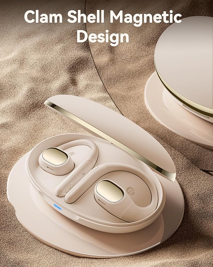 PocBuds Open Ear Earbuds,Wireless 5.4 Bluetooth Headphones，60Hrs Playtime Sport Earbuds with Lightweight Earhooks IPX7 Waterproof Open Ear Headphone for Workout Running Beige