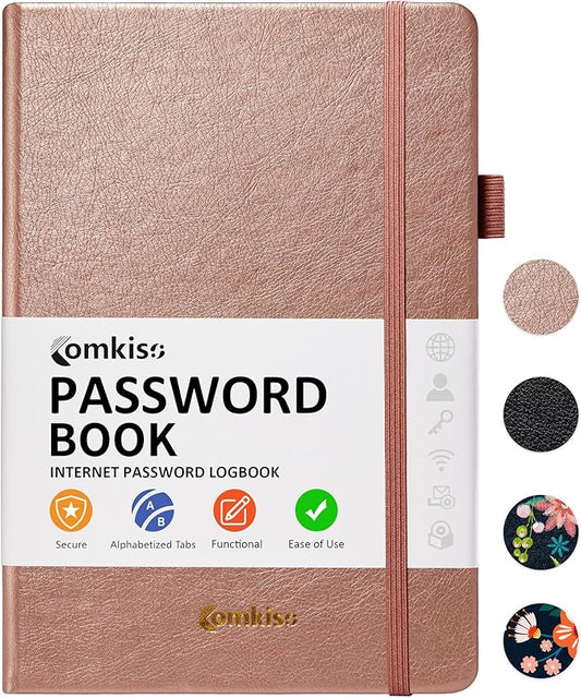 Password Book with Individual Alphabetical Tabs Laminated, Large Print Password Keeper Book for Seniors, A5 Hardcover Internet Password Log Book to Record Website Login Details - Rose Gold