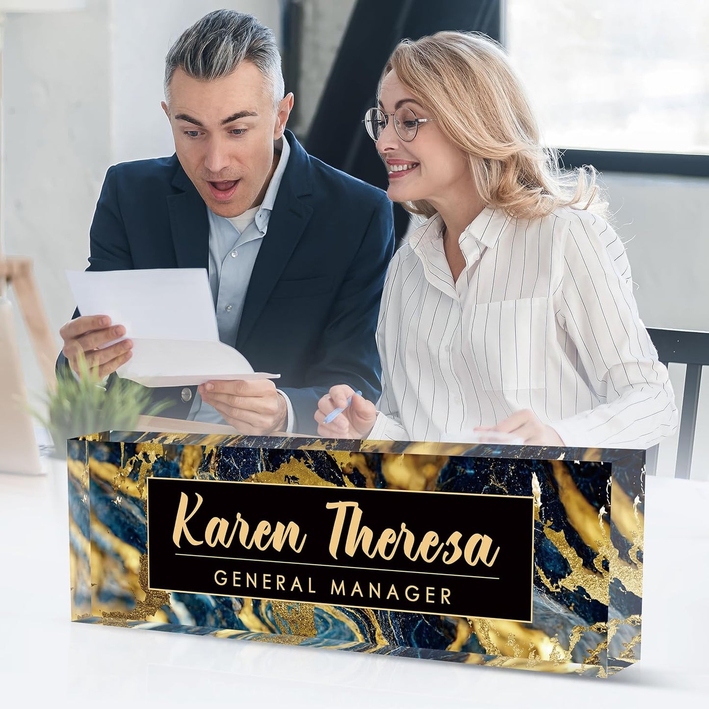 Custom Office Name Plate, Personalized Gifts for Men, Appreciation Gifts for Employees - Office Desk Accessory (Black Gold Marble)