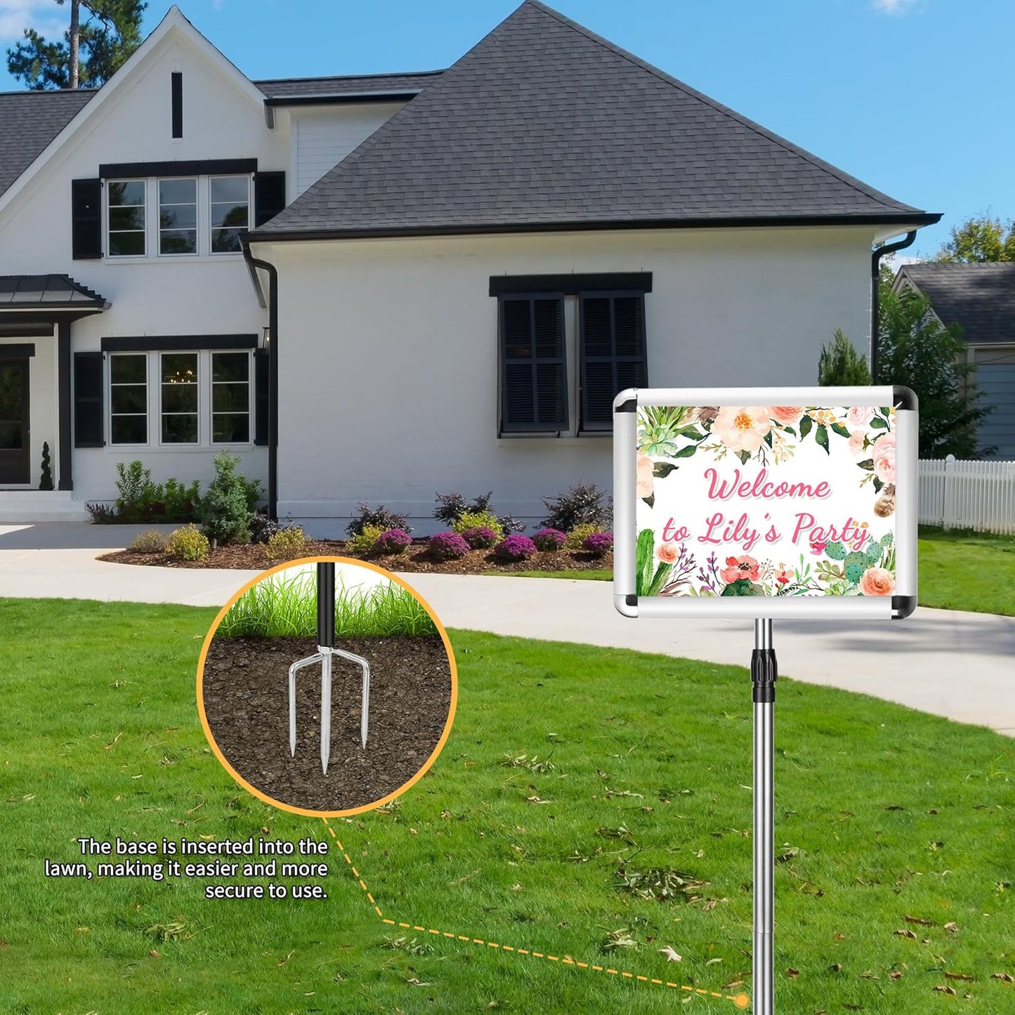 2 Pack Sign Holder Stand 8.5 x 11, With 3-Prong-Base & Round Base, Poster Stand Aluminum Snap Open Frame for A4 Size Outdoor Indoor Sign Stand, Height Adjustable-Silver