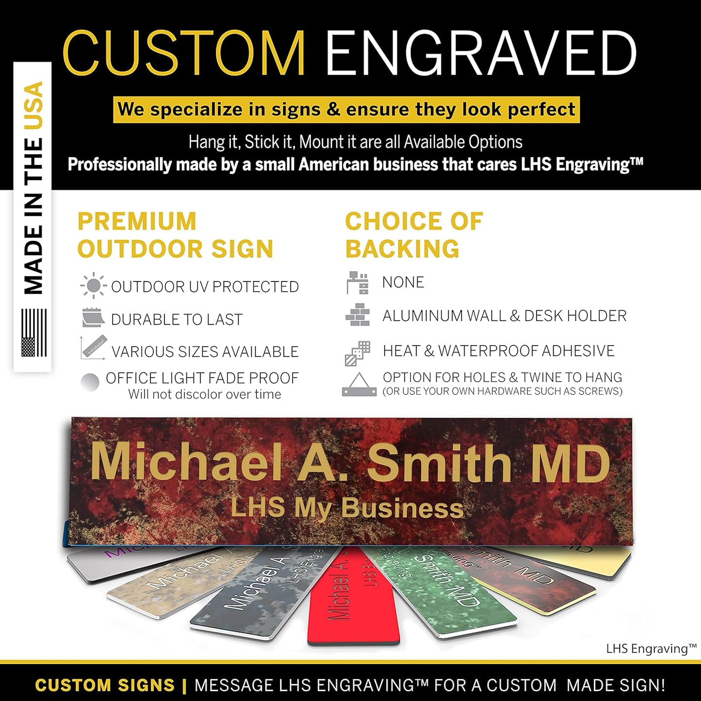 LHS My Business | Engraved Name Plates for Door Sign Personalized Rustico Granite Pattern Plastic Plaque with Gold Letters - Made in USA 2x10 S7