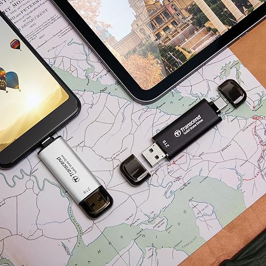 Transcend 1TB External SSD, Up to 1,050MB/s, Dual USB Flash Drive for iPhone17,16,15/ Pixel/Android Phones/Tesla/iPad/Mac/Steam Deck/ROG Ally/MSI Claw/PS5, 2-in-1 Type C&A, USB 3.2 Gen2 Portable SSD