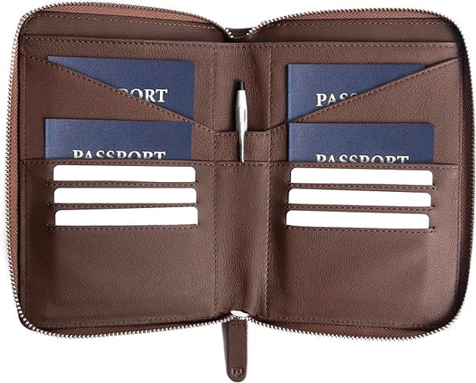 Full Grain Leather Family Passport Holder for 2-4 Passports - RFID Passport Holder and Travel Document Organizer - Large Leather Travel Wallet for Couples and Families - Brown