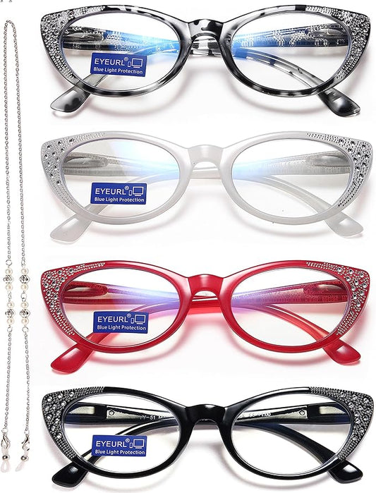 EYEURL Cat Eye Reading Glasses for Women Blue Light Blocking 4 Pack Computer Readers 1.25 Spring Hinge Anti UV Fashion Lightweight Frames Eyeglasses