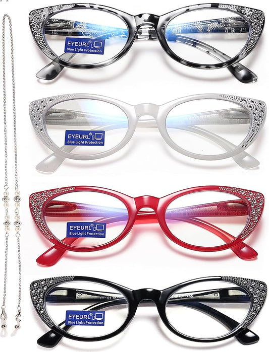 EYEURL Cat Eye Reading Glasses for Women Blue Light Blocking 4 Pack Computer Readers 0.75 Spring Hinge Anti UV Fashion Lightweight Frames Eyeglasses