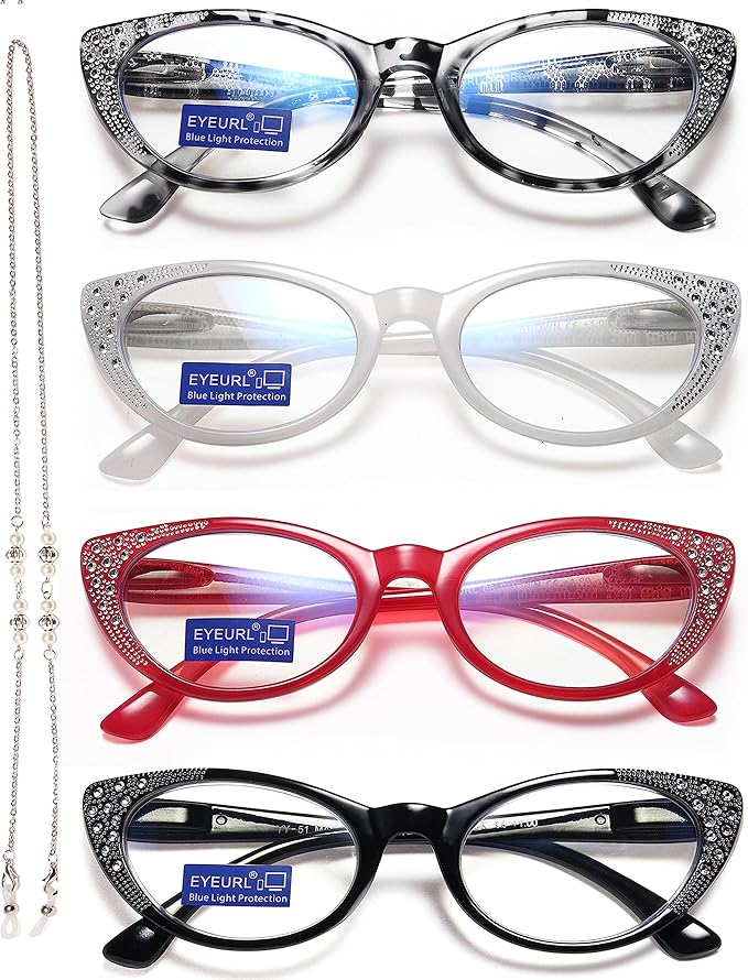 EYEURL Cat Eye Reading Glasses for Women Blue Light Blocking 4 Pack Computer Readers 2.00 Spring Hinge Anti UV Fashion Lightweight Frames Eyeglasses