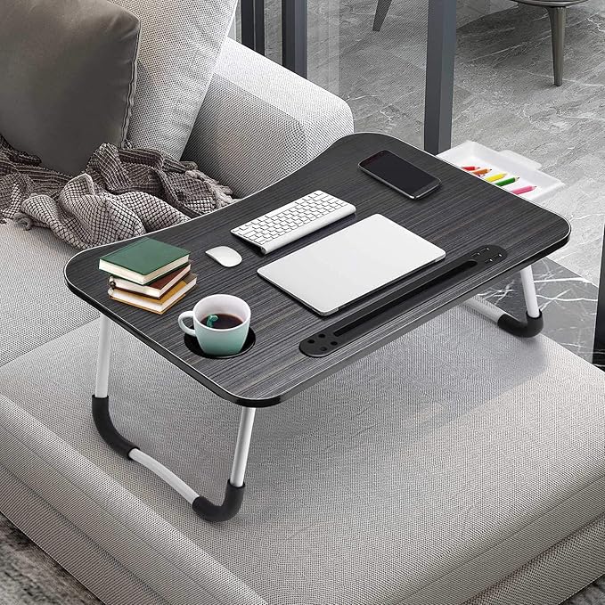 Slendor Lap Desk with Tablet Slot, Foldable Laptop Table with Storage Drawer for Bed，Portable Bed Desk for Laptop, Computer Tray with Cup Holder Notebook Stand Reading Holder for Couch Floor, Black