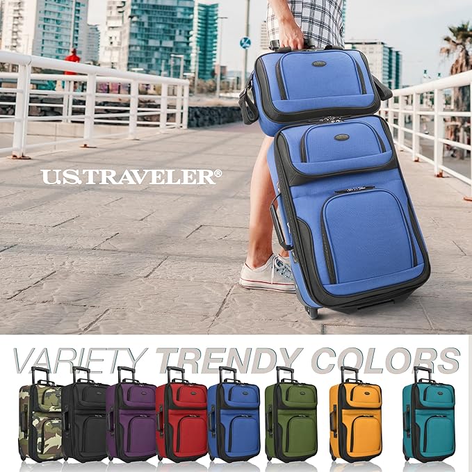 U.S. Traveler Rio Softside Expandable Carry-on Rolling Luggage, Royal Blue, 2 Wheel Set