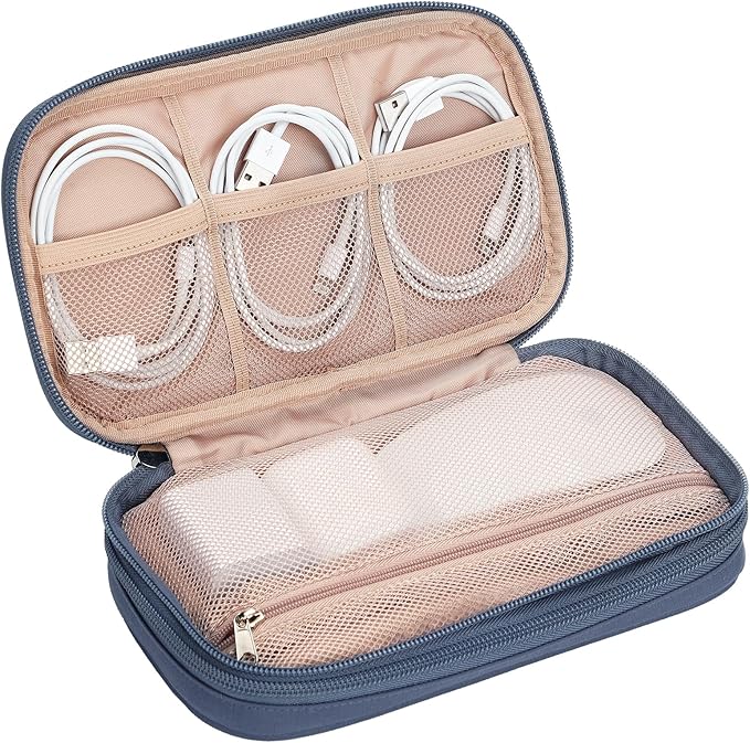 NISHEL Travel Cord Organizer Case, Double Layers Tech Electronic Bag, Essentials for Charger, Cable, Phone, Flash drive, Aegean-Blue