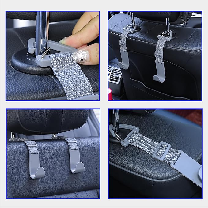 Amooca Headrest Hooks for Car Adjustable 4 Pack Vehicle Seat Back Organizer Storage Hanger Holder for Purse Bags Universal Fit with Clip Gray