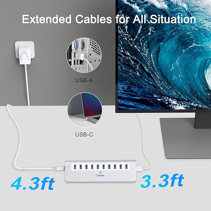 Powered USB Hub 10Gbps, 10 Port USB 3.1 Gen 2 Hub with 7 USB 3.1 Data Ports, 3 Fast Charging Ports, 36W Power Adapter, Type A and Type C Cable, Aluminum USB Data Hub for Mac, PC, Laptop