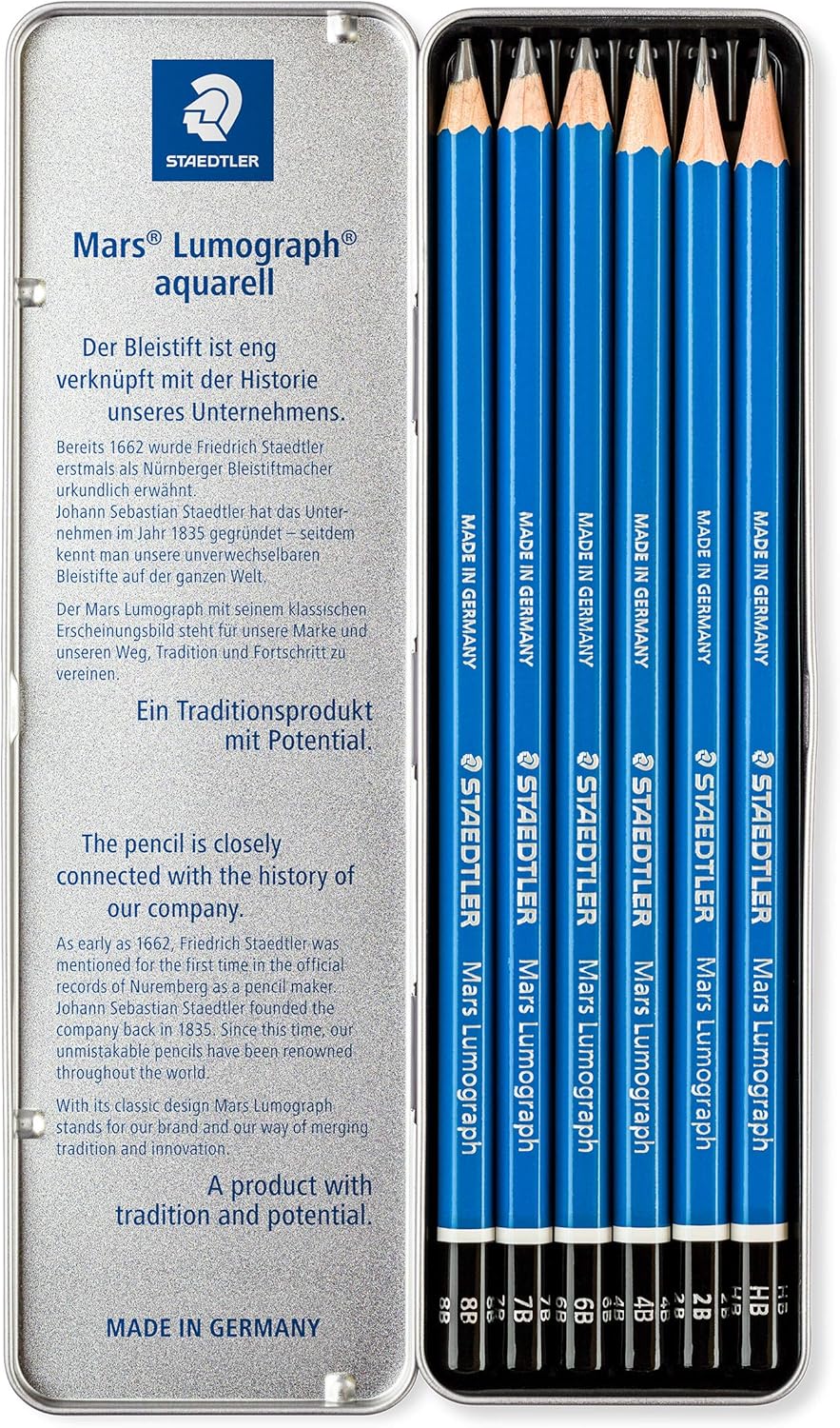 STAEDTLER Lumograph Graphite Drawing and Sketching Pencils 100G6, Set of 6 Degrees in an Attractive Storage Tin (100G6)