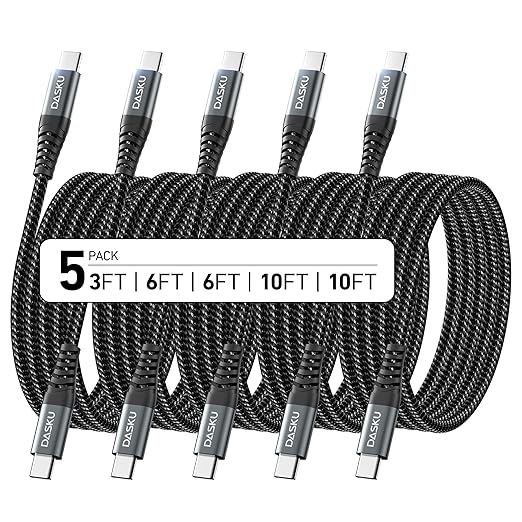 Dasku USB C to USB C Cable, 5 Pack [3/6/6/10/10FT] Charger Cable 60 W Fast Type C Charging Cord for iPhone 17 16 15 Pro Max Plus Samsung S23 Note 20 iPad Pro Air Mini MacBook LG and More