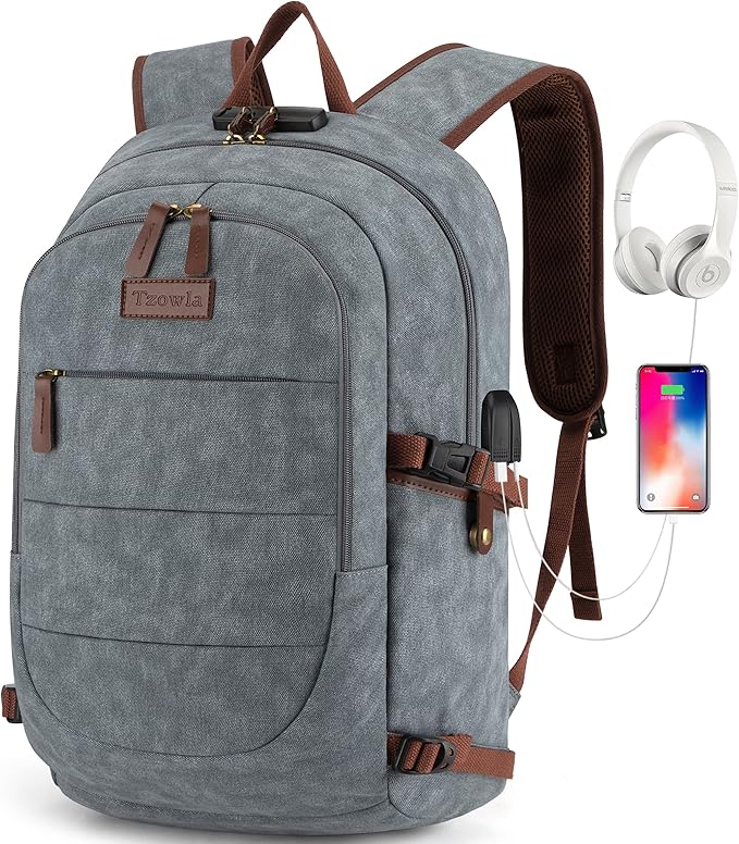 Canvas Laptop Backpack-Anti Theft Bag for Men Women,Rucksack Fits 15.6Inch Laptop, Work Travel Bookbag with USB Charging Port and Lock