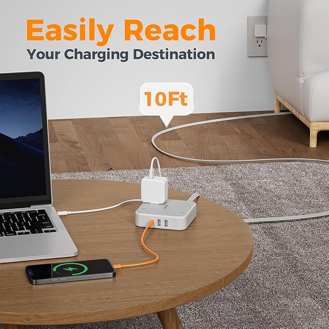 Extension Cord 10 ft, TESSAN Surge Protector Power Strip Long Cord with 3 USB(1 USB C) 4 Outlets, 900 Joules Protection, Small Desktop Multiple Charging Station for Home School Dorm Room Office, Grey