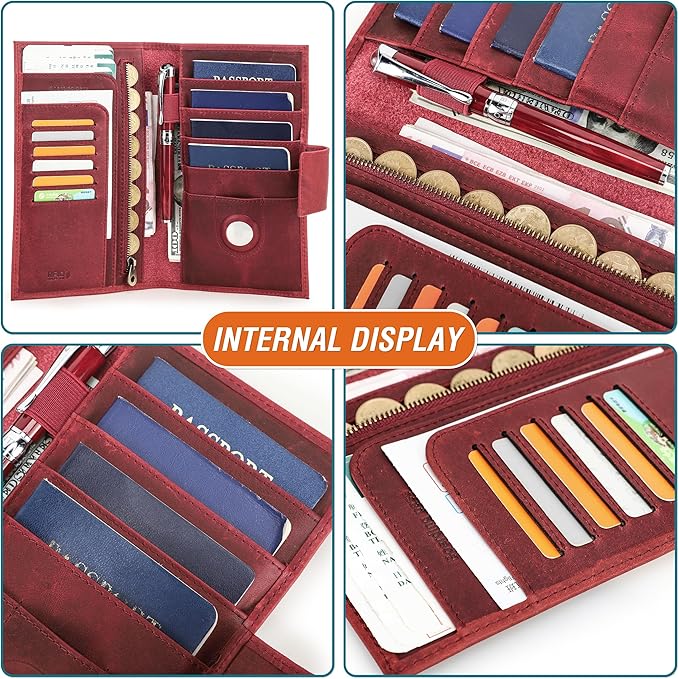 Top Grain Leather Travel Passport Wallet Holder for Man & Woman, Snap Button Design for 4 Passports & Multi Cards, RFID Blocking Large Capacity for Passports/Cards/Checks/Bills, Burgundy