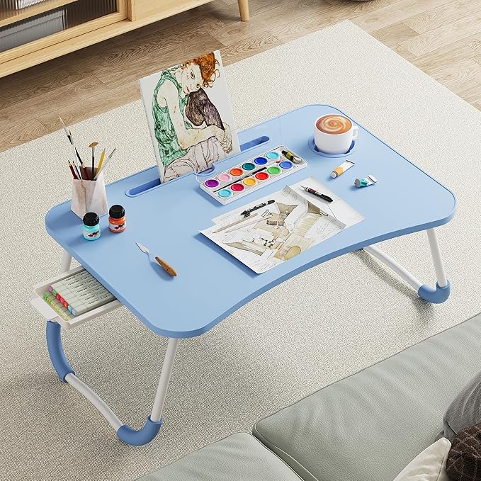 Lap Desk Bed Trays for Eating and Laptops Breakfast in Bed Tray for Sofa/Couch/Study/Reading/Writing with Cup Holder/Drawer On Low Sitting Floor Large Portable Foldable (Blue)