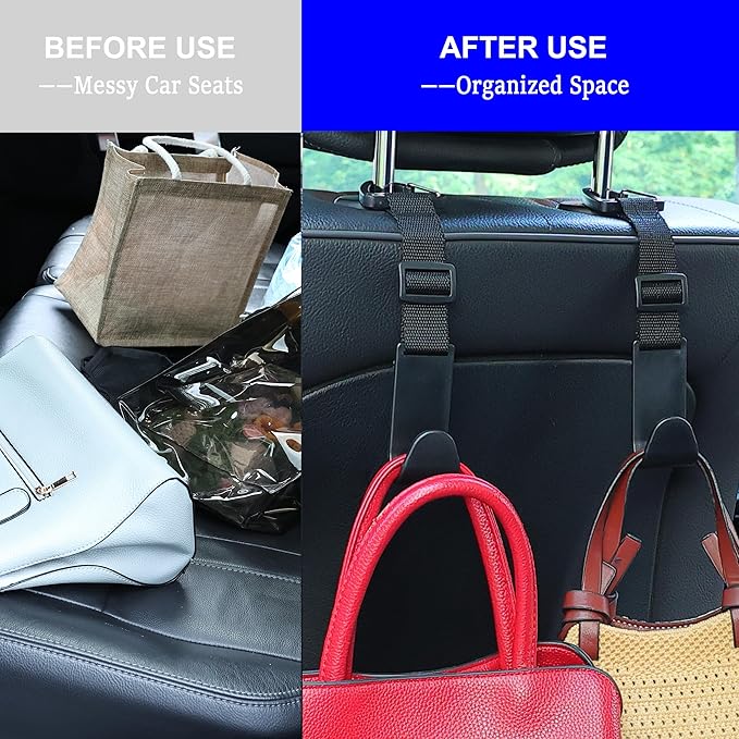 Amooca Headrest Hooks for Car Adjustable 4 Pack Vehicle Seat Back Organizer Storage Hanger Holder for Purse Bags Universal Fit with Clip Black