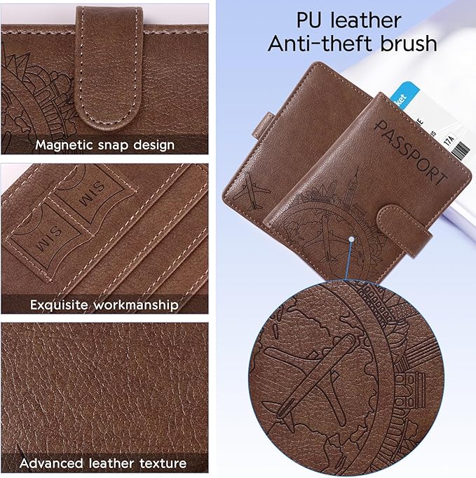 Passport Holder and Card Slot Combo RFID Blocking Leather Family Travel Passport Wallet Travel Accessories for Men Women US Passport Cover Protector (Travel red)