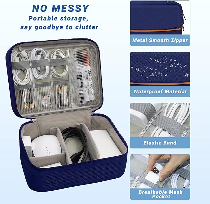 Electronics Organizer,Travel Cord Organizer Pouch, Portable Cable Organizer Bags, Waterproof Electronic Accessories Storage Case for Cables, Cords, Charger, Phone (Double Layer-NavyBlue)