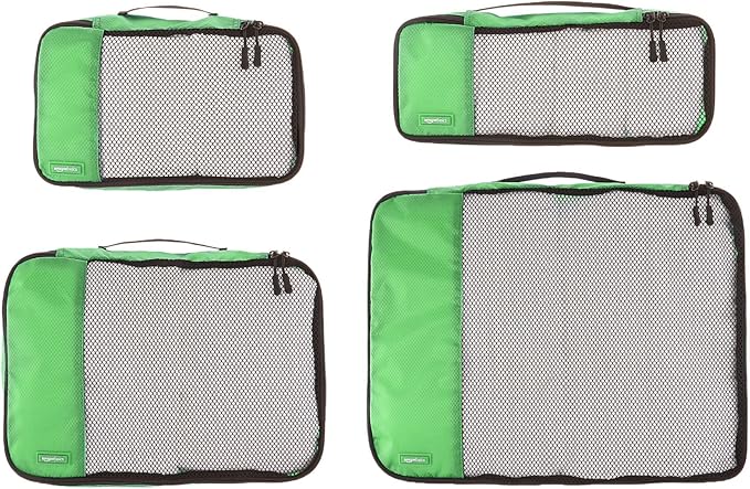 Amazon Essentials 4-Piece Packing Cubes Travel Accessories Set, Luggage Organizer with Double Zipper, Mesh Top, 100% Polyester, Small/Medium/Large/Slim, Green (Previously Amazon Basics)