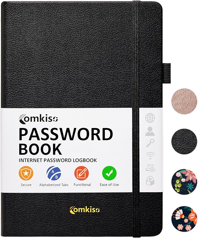 Password Book with Individual Alphabetical Tabs Laminated, Large Print Password Keeper Book for Seniors, A5 Hardcover Internet Password Log Book to Record Website Login Details - Black