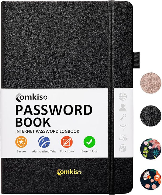 Password Book with Individual Alphabetical Tabs Laminated, Large Print Password Keeper Book for Seniors, A5 Hardcover Internet Password Log Book to Record Website Login Details - Black