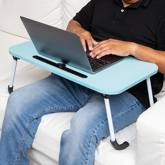 Mind Reader Lap Desk Laptop Stand, Bed Tray, Folding Legs, Couch Table, Portable, MDF, 23.25" L x 13.75" W x 10.5" H, Blue