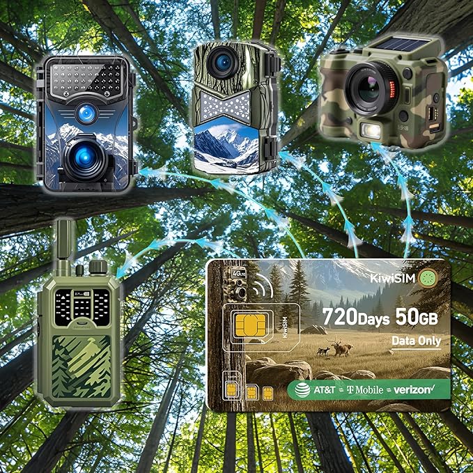 4G LTE Data SIM Card 50GB - 2 Years for Trail Camera & Security Camera, SIM Card for Wildlife Cameras, 3-in-1 SIM Kit with AT&T/T-Mobile/Verizon Coverage, No Contract & Auto Network Switching