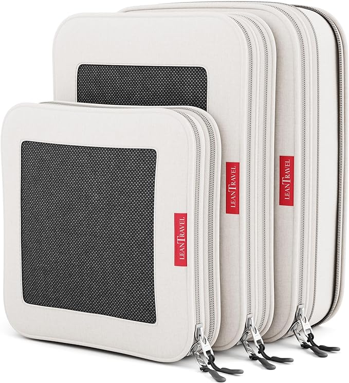 LeanTravel Compression Packing Cubes for Travel Organizers with Double Zipper (3-Pack (2L+1M), Sand)