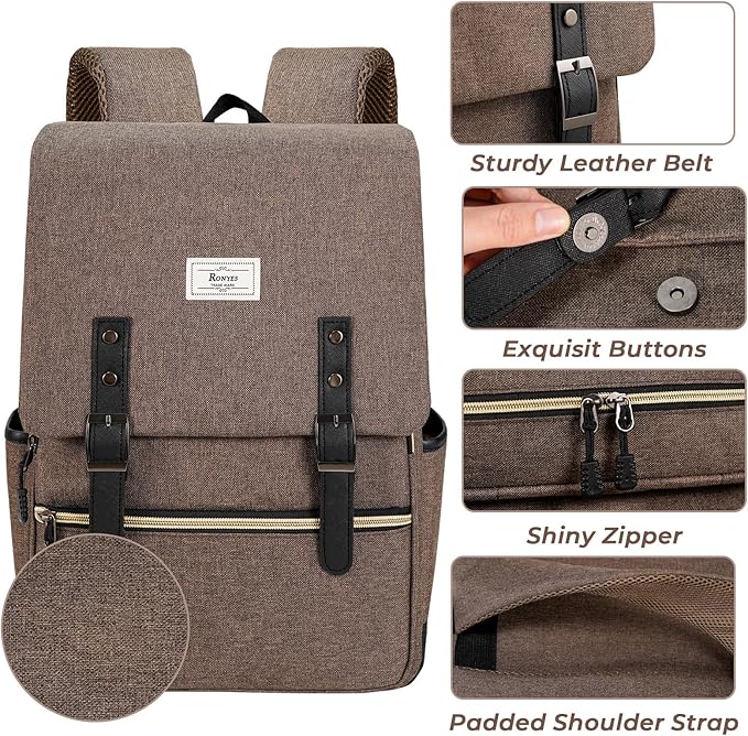 Ronyes Vintage Laptop Backpack for Women Men,15.6 inch Bookbag Casual Daypack with USB Charging Port for College Work, Brown Backpacks