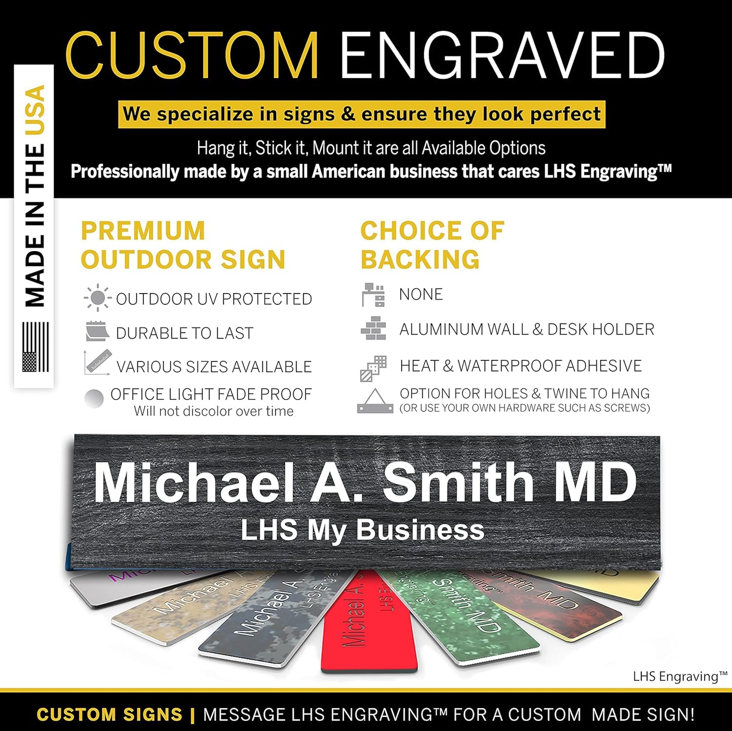 Door Name Plate Personalized for Office Ash Plastic Name Plate White Letters - Made in USA 2x6 N1