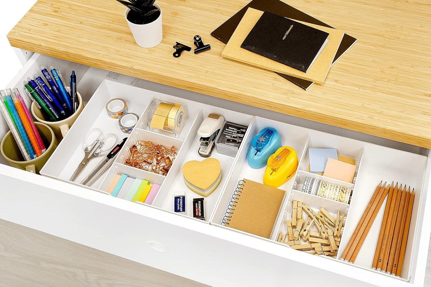 CAXXA 2PK - 3 Slot Drawer Organizer with Two Adjustable Dividers - 5 Compartments Drawer Storage Junk Drawer Organizer for Office Desk Supplies and Accessories, White