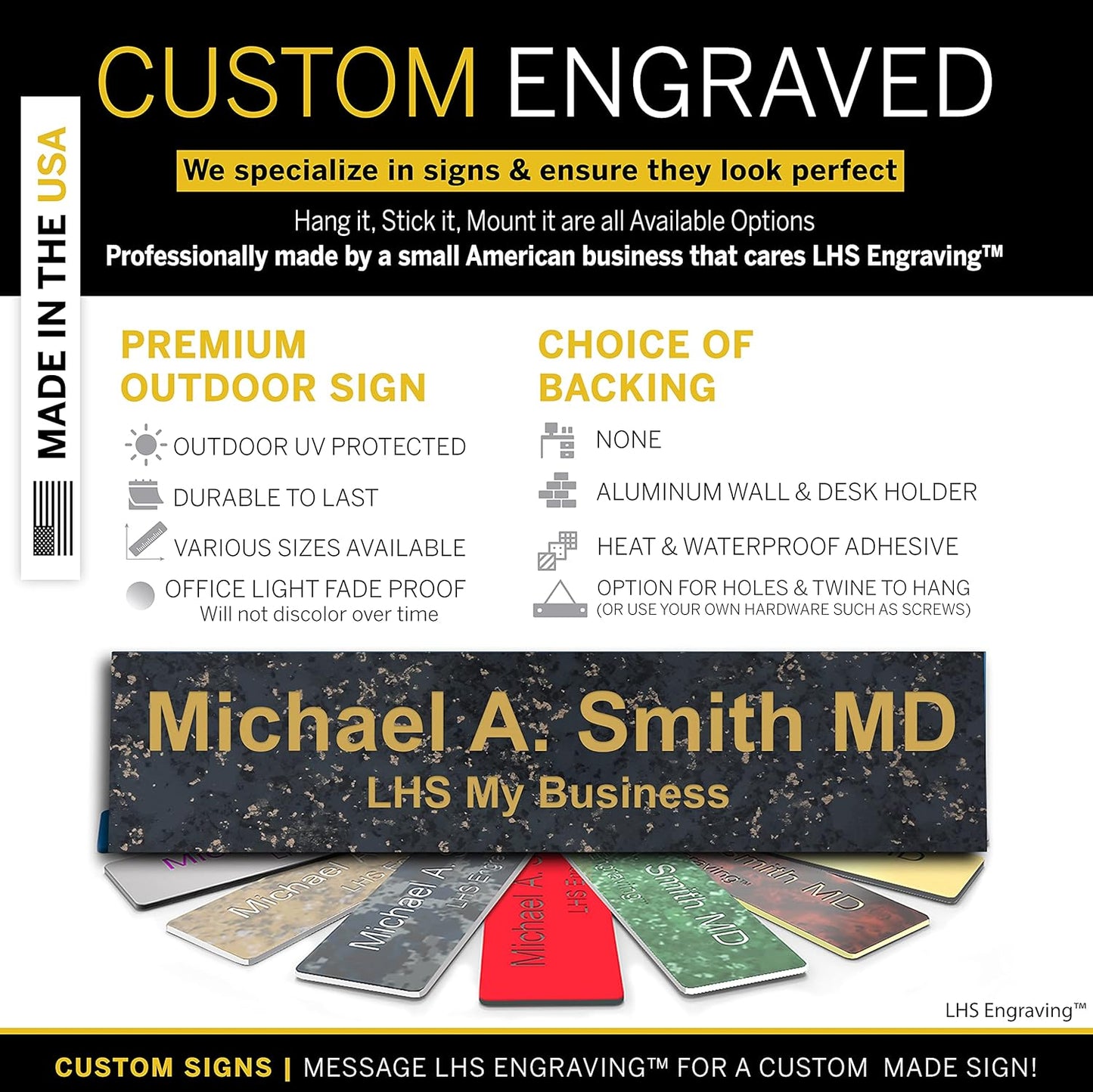 Engraved Custom Door Plate Charcoal Marble Pattern Plastic Office Door Sign with Gold Letters - Made in USA 2x10 S6