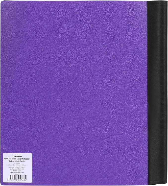 Mintra Office Durable PREMIUM Spiral Notebook, ((Purple, 3 Subject, 8.5in x 11in)), Fabric Covered Coils, No Snags, Removable Adjustable Pocket Dividers, Ruler, Organization, Customizable