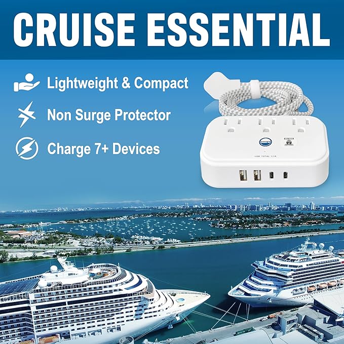 Cruise Approved Power Strip Non Surge Protector with 3.3 ft Travel Extension Cord and USB Ports [2 USB, 2 USB-C, 3 AC] Cruise Ship Essentials for Carnival, Princess, & Major Cruise Lines 2025 & 2026