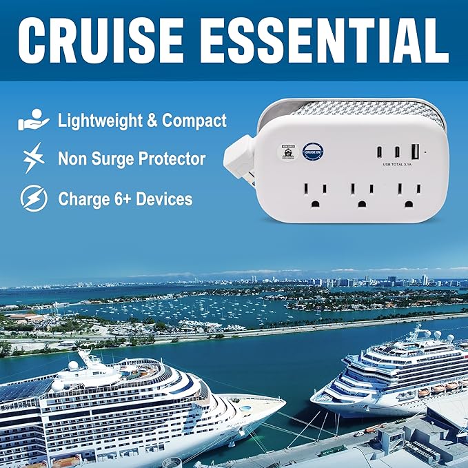 Cruise Approved Power Strip Non Surge Protector - 3.3 ft Wrapped Travel Extension Cord, 2 USB-C, 1 USB, 3 AC Outlet, Cruise Ship Essentials for Carnival, Princess & Major Lines 2025 & 2026