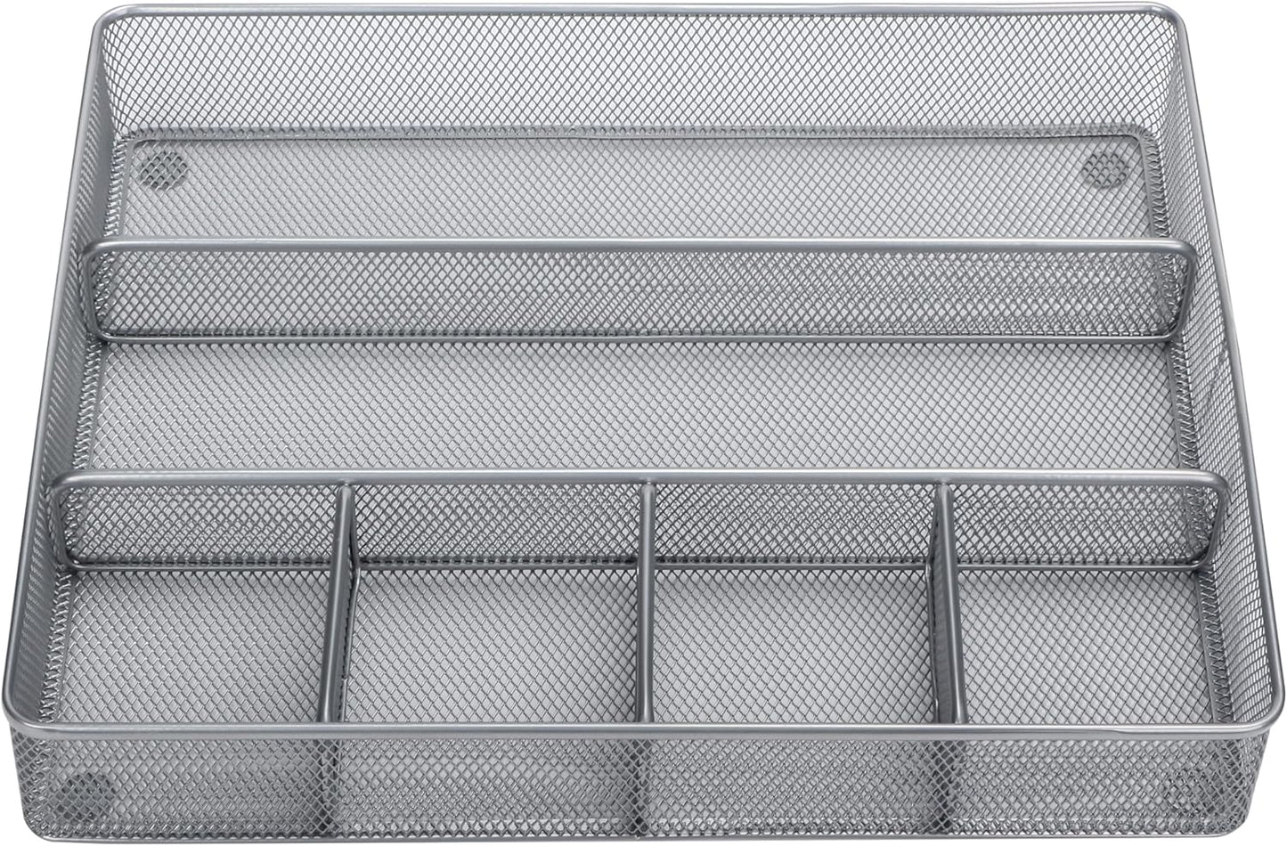 Annova Desk Top Organizer Tray for Office Organization - Metal Mesh - Storage Tray with Dividers for Pens, Desktop Accessories, Bathroom, Kitchen, Makeup and Office Supplies (Large, Silver)