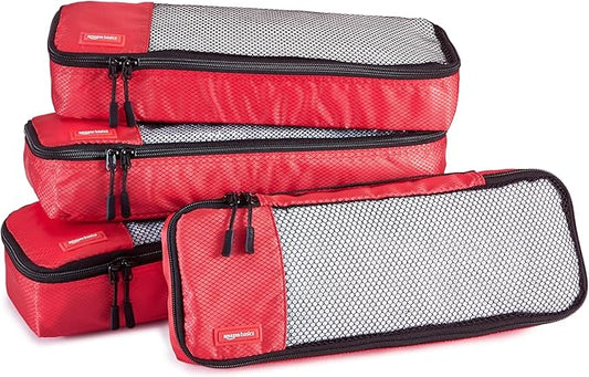 Amazon Essentials 4-Piece Packing Cubes Travel Accessories Set, Luggage Organizer with Double Zipper, Mesh Top, 100% Polyester, Slim, Red (Previously Amazon Basics)