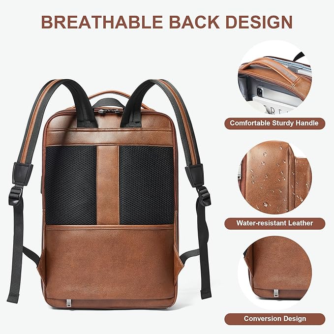 Shrrie Leather Laptop Backpack for Women and Men,28 L Travel Backpack Computer Bag Fits 16 inch Laptop,Expandable Casual Daypack with USB Port for Work Business Weekender College,Brown
