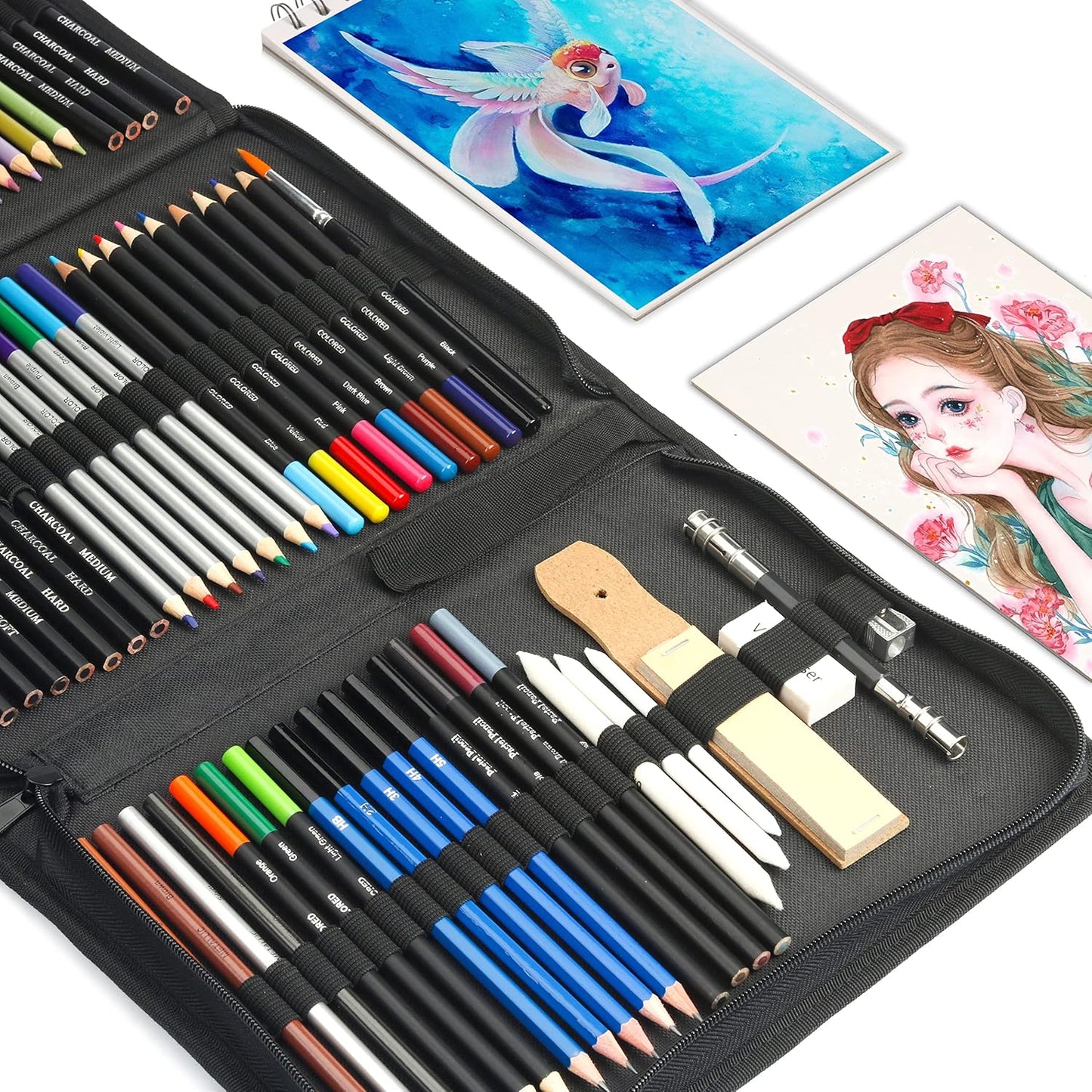 KALOUR 76pc Art Supply Set - Sketching & Drawing Kit with Tutorial Book, Sketchbook & Paper - Pencils, Pastels, Watercolors for Beginner Artists