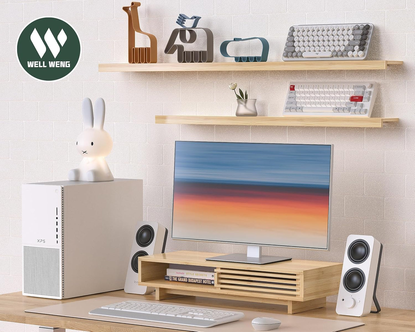 Monitor Stand Riser with Sliding Door, Computer Laptop Stand Desk Shelf Organizer with Storage (Natural Bamboo, 25 Inch)