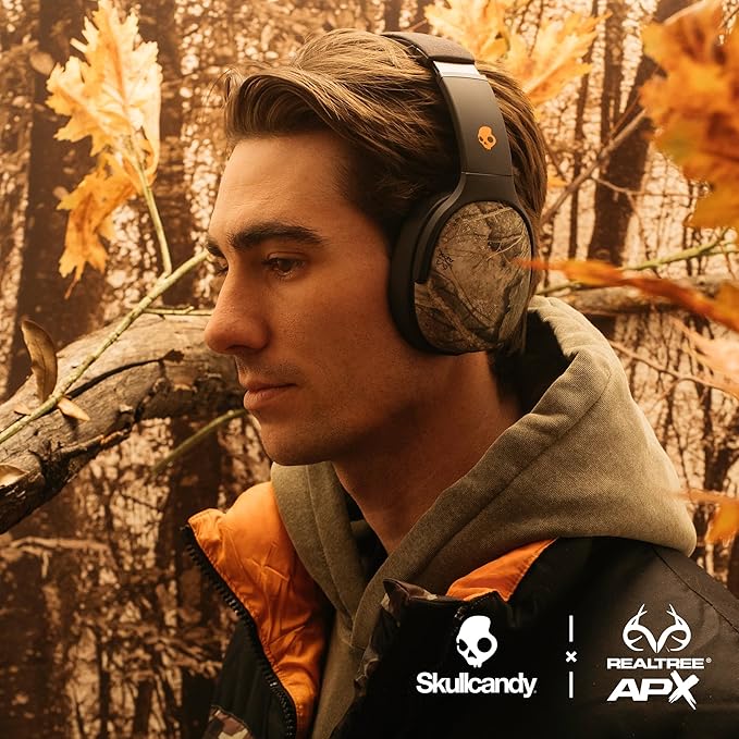 Skullcandy Crusher Evo Wireless Bluetooth Headphones with Multi-Sensory Bass, Noise Isolating Over-Ear Fit, Up to 40 Hours Battery, Microphone for iPhone Android - Realtree APX Black/Orange