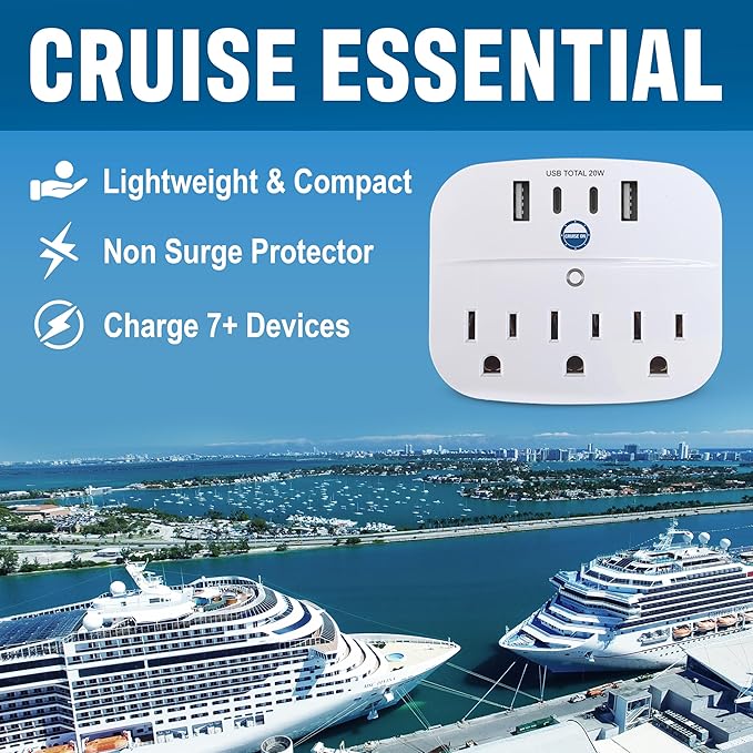 Cruise Approved Power Strip Foldable, Non Surge Protector Travel Power Strip, 2 USB-C, 2 USB, 3 AC Outlet Plugs - Cruise Essentials for Carnival, Celebrity, Princess & Major Lines in 2025 & 2026