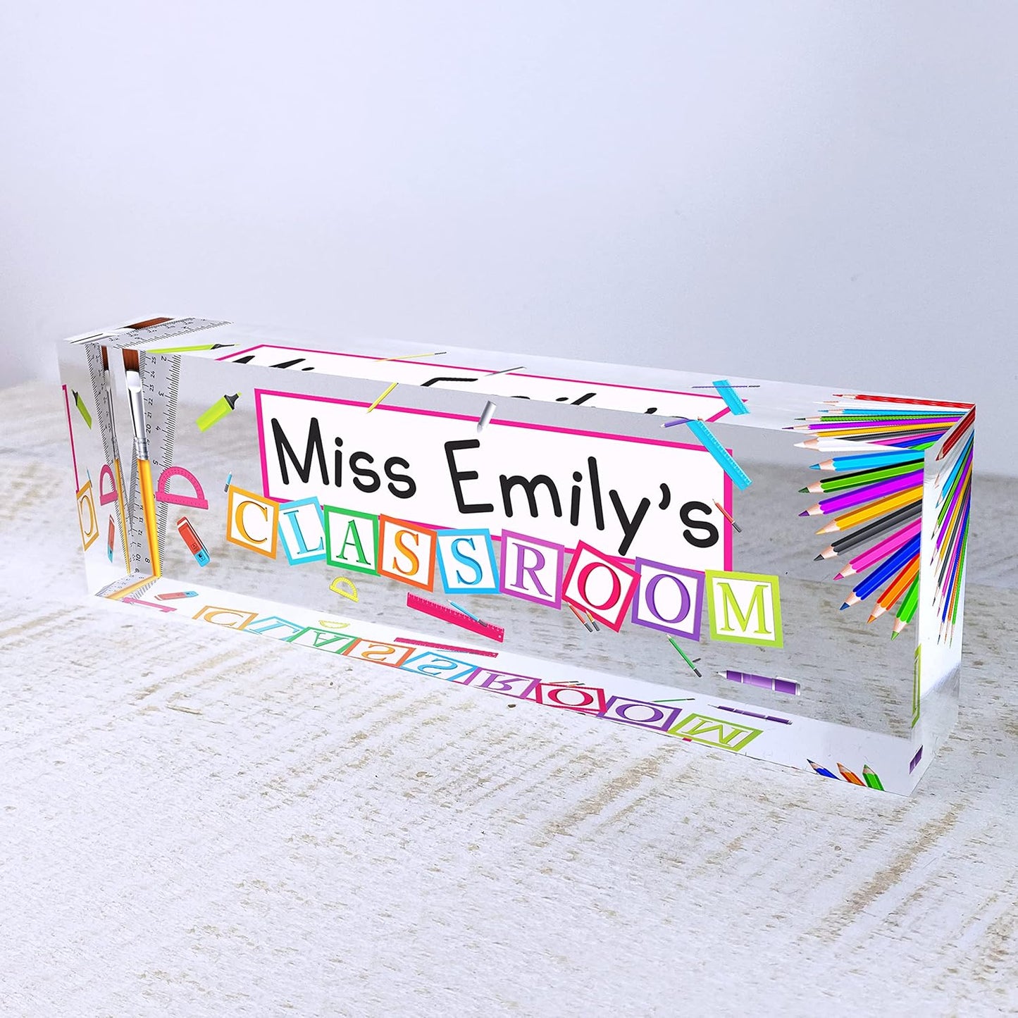 Artblox Acrylic Name Plate, 8'' x 2.5'', Personalized Teacher Desk Sign, Modern Signage