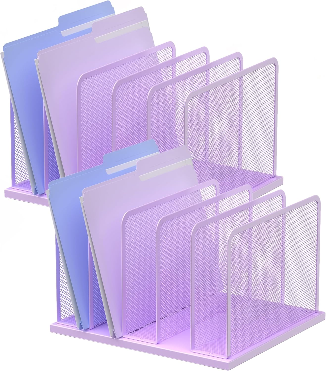 Kuntine.B Desk File Organizer Upright Mesh Desktop Organizer File Sorter Office Organization File Holder for Home, Office & Classroom (Purple, 2 Pack 5-Section)