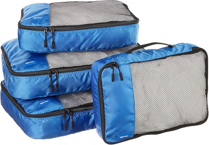 Amazon Essentials 4-Piece Packing Cubes Travel Accessories Set, Luggage Organizer with Double Zipper, Mesh Top, 100% Polyester, 2 Medium/2 Large, Blue (Previously Amazon Basics)