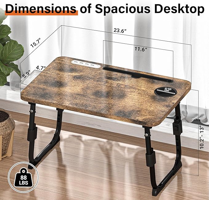 Laptop Desk for Bed Height Adjustable, Lap Bed Table with USB/Storage Drawer/Cup Holder/Tablet Stand/Book Shelf, Foldable Breakfast Tray Portable for Reading Writing, Sofa & Floor, Carbonized