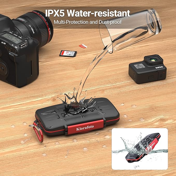 Kiorafoto Professional IPX5 Water-Resistant Anti-Shock Holder Storage SD SDHC SDXC TF MSD Memory Card Case Protector with Carabiner for 12 SD Cards & 12 Micro SD Cards